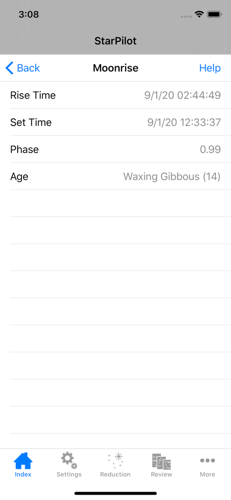 StarPilot 앱 월출 화면 스크린샷으로 월출 및 월몰 시간, 달 위상 및 월령 데이터 표시