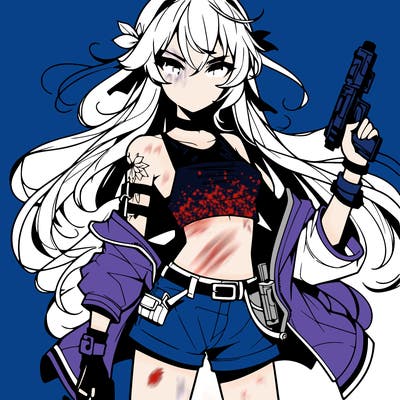 bad girl wearing crop top holding a gun long hair anime