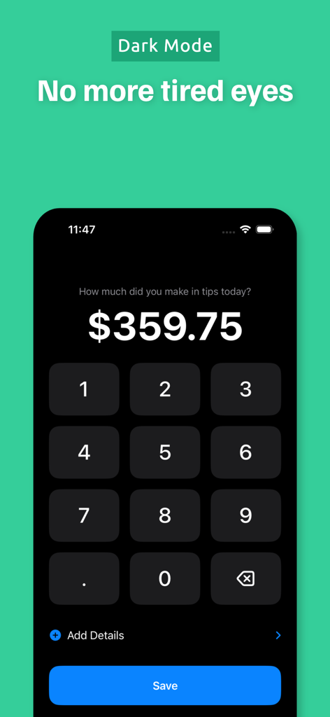 Tip Tracker Calculator app interface in dark mode showing a screen to enter daily tips with a numeric keypad