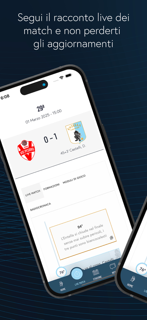 Oberfläche der offiziellen Virtus Entella App mit Live-Fußballspielständen und Echtzeit-Updates