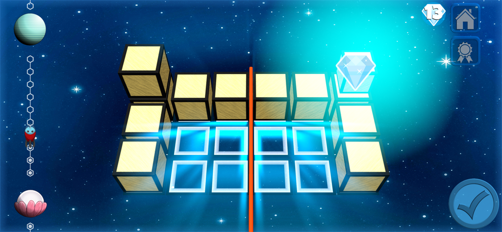 A 3D spatial reasoning puzzle in Pikos Blocks featuring a symmetry exercise with wooden blocks in a space-themed setting.