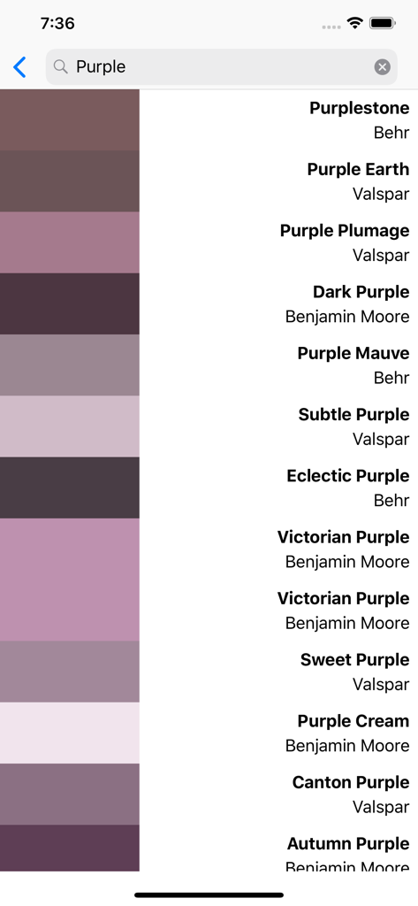 Vivid - Paint Colors - Una lista de muestras de color de pintura morada de varias marcas como Behr y Valspar en la interfaz de búsqueda de la aplicación Vivid.