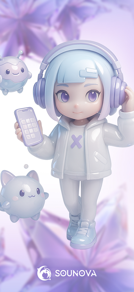 SouNova 少女星 - Un personaje femenino estilizado en 3D con auriculares morados y sosteniendo un smartphone sobre un fondo lavanda para la app SouNova