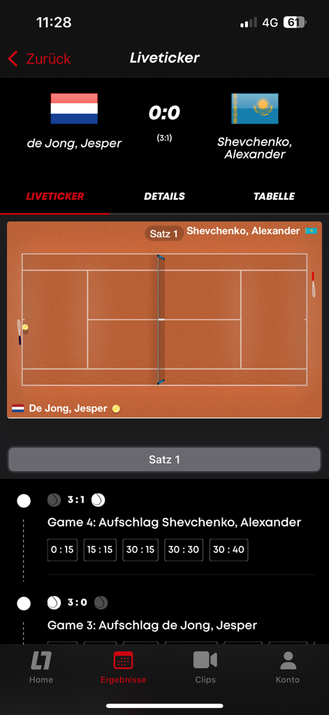 LAOLA1 app interface displaying live tennis match scores and game details