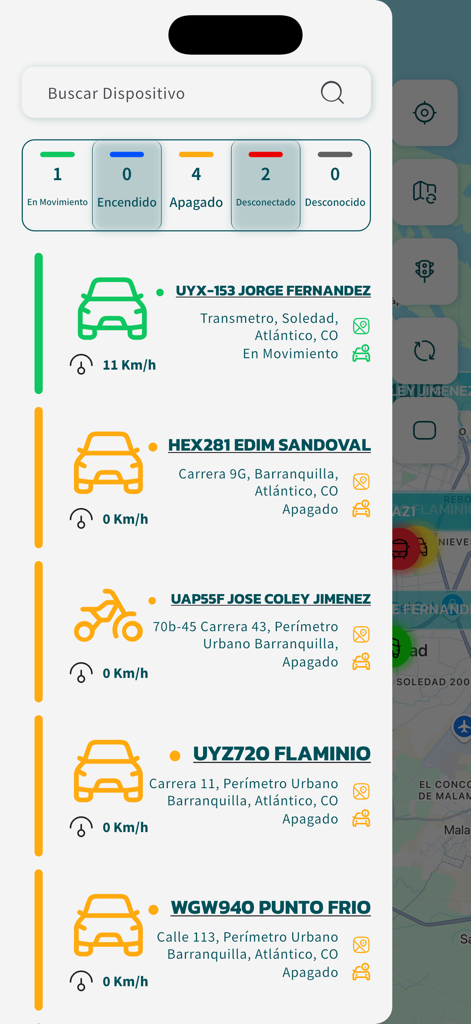 VISTO+ - Panel de la aplicación VISTO plus que muestra una lista de vehículos rastreados con su estado y ubicación