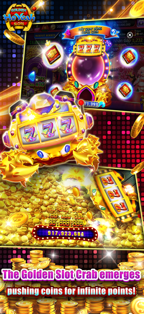 El personaje Golden Slot Crab empujando montones de monedas de oro en una interfaz de juego de máquina tragamonedas.