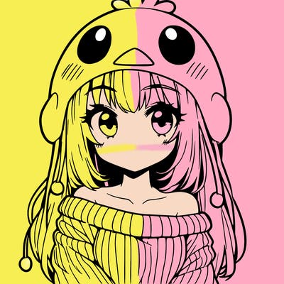 anime girl with chick shaped hat with sweater with bare shoulders with bangs covering them one eye with low tail