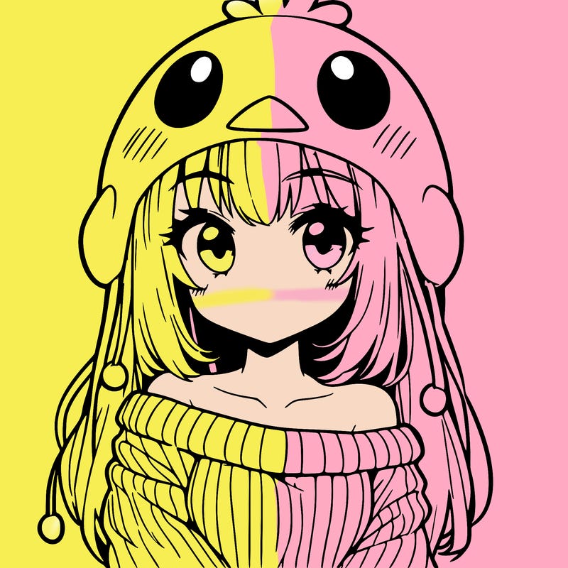 anime girl with chick shaped hat with sweater with bare shoulders with bangs covering them one eye with low tail