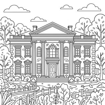 Step into a world of architectural wonder with this delightful Neoclassical mansion coloring page designed just for kids. Young artists will love bringing this stately home and its beautiful garden to life with their favorite colors.