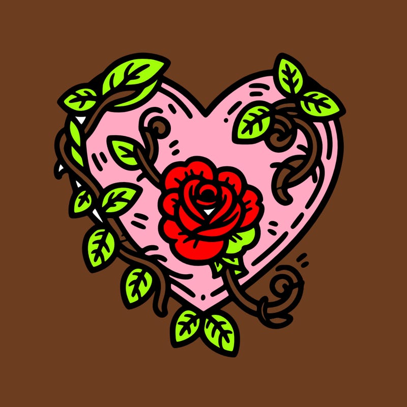 heart with a rose in the middle with vines hanging down