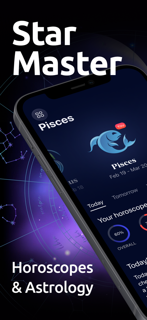 StarMaster: Night Sky & Astro - StarMaster-App-Oberfläche, die das Horoskop und astrologische Details für Fische anzeigt