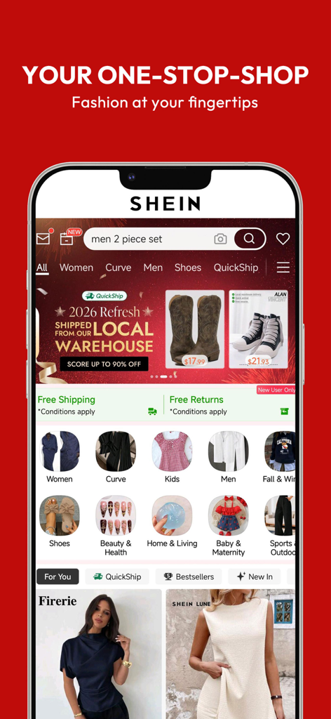 Tela inicial do aplicativo móvel SHEIN mostrando categorias de moda, vendas relâmpago e produtos em alta.