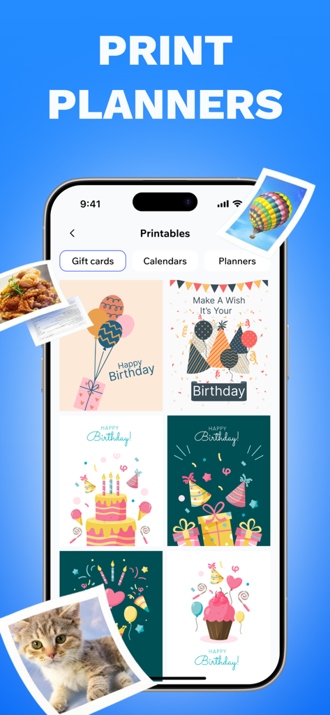 Smart Printer - Scanner PDF - Interfaz de aplicación móvil que muestra tarjetas de cumpleaños imprimibles y plantillas de planificador