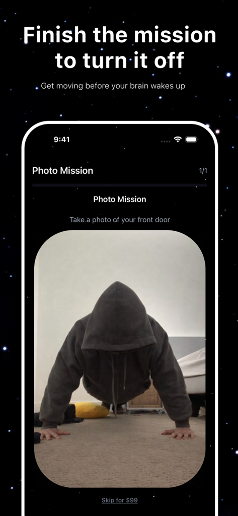 Noozr - wake up early - 일찍 일어나기 위한 사진 미션 챌린지를 보여주는 Noozr 알람 시계 앱