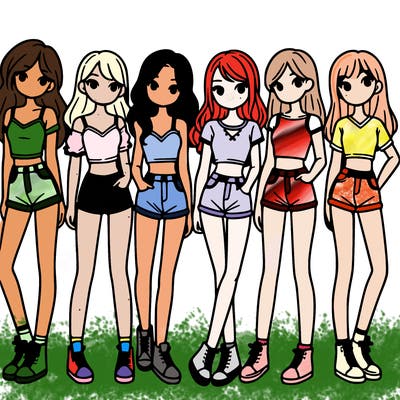 a group of girls wearing crop tops and shorts