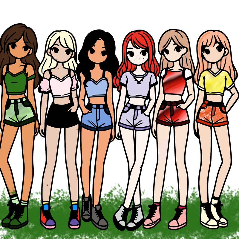 a group of girls wearing crop tops and shorts