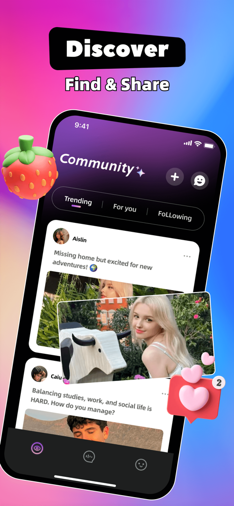 FliV：Meet & Video Chat - Screenshot der FliV App Community-Seite mit Beiträgen von internationalen Studenten, die ihre Auslandsstudienreise teilen