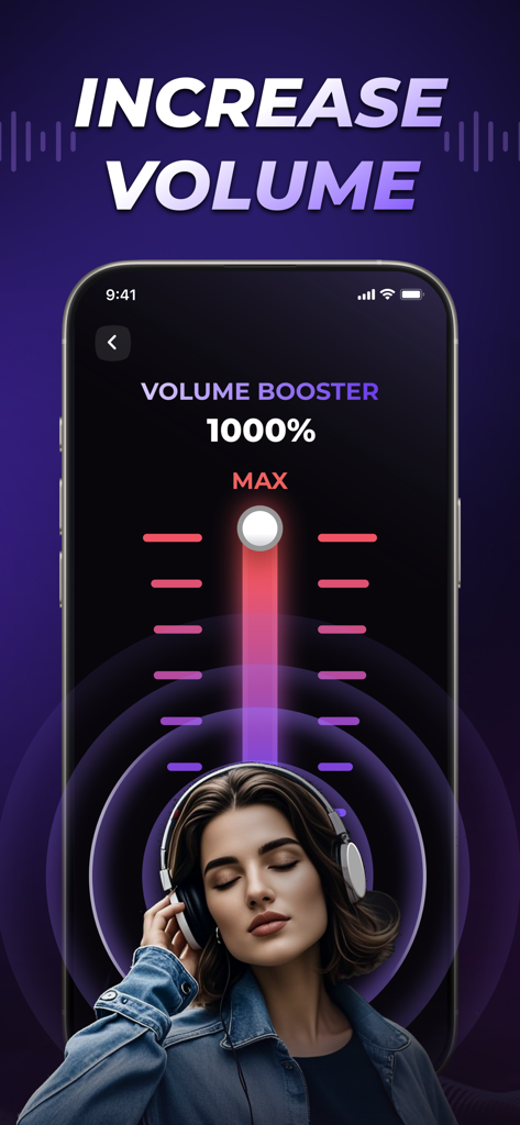 Music Booster: Louder Volume - Tela de smartphone mostrando o aplicativo Music Booster no volume máximo para áudio mais alto