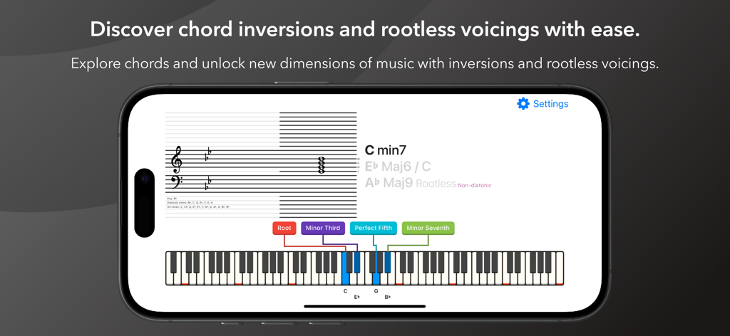 The Intervals and Chords app interface displaying a chord visualization with piano keys and music staff