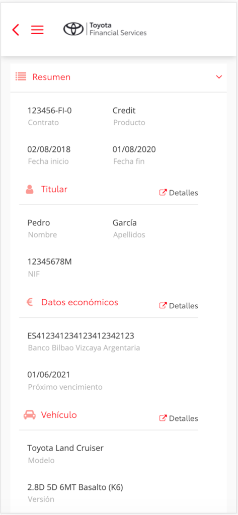 Mi Banco Toyota - Captura de pantalla de la aplicación Mi Banco Toyota que muestra un resumen del contrato de financiación de vehículo, información personal del propietario y detalles del vehículo para un Toyota Land Cruiser.