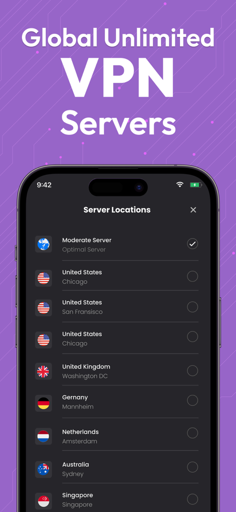 TOR Browser: Onion TOR VPN - Screenshot dell'app TOR Browser che mostra un elenco di posizioni dei server VPN globali, tra cui Stati Uniti, Regno Unito e Germania
