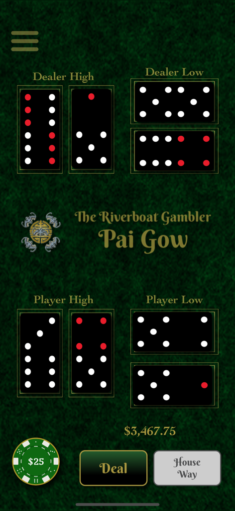 Riverboat Gambler - Interface of the Pai Gow tiles game in the Riverboat Gambler app showing dealer and player hands