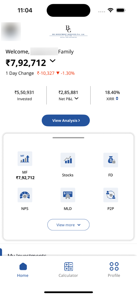 BG Investment - BG Investment mobile app dashboard displaying portfolio value, net profit, and investment categories