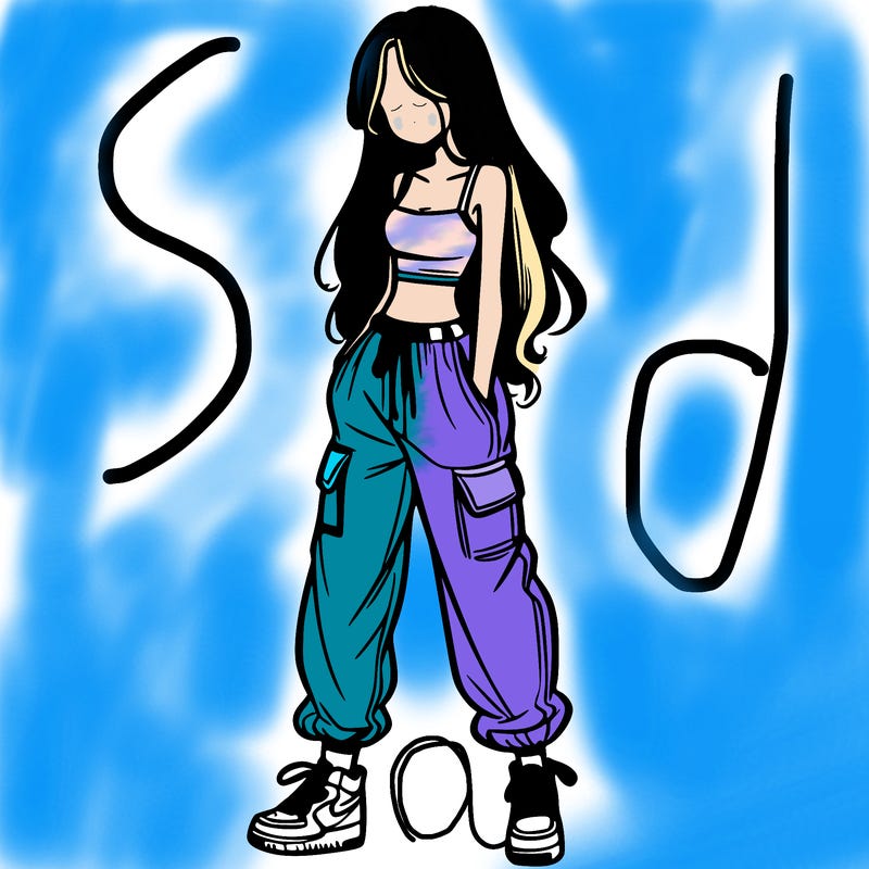 girl in baggy pants crop top and long hair