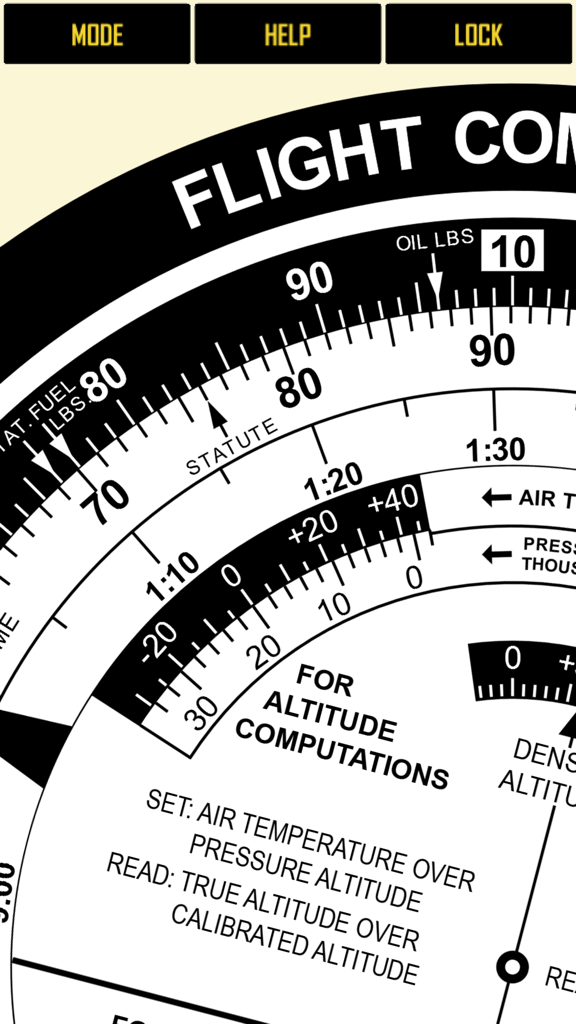 Digital E6B flight computer simulation showing circular slide rule scales for altitude and pilot calculations