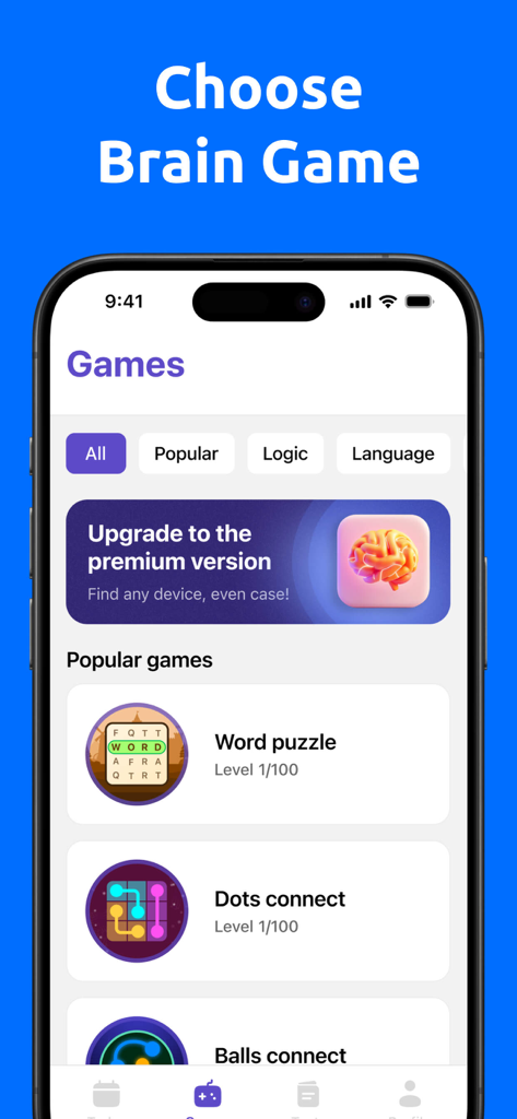 Brain Games: Memory Training - Main menu of the Brain Games app displaying various cognitive training exercises including word puzzles and logic games
