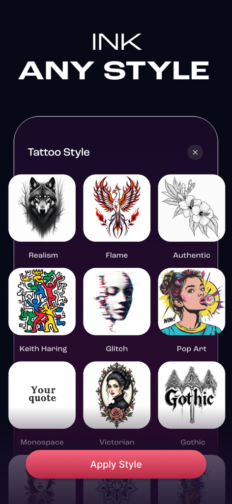 AI Tattoo Design- Tattoo Maker - Una cuadrícula de selección de varios estilos de tatuajes como realismo, pop art y gótico dentro de la interfaz de la aplicación AI Tattoo Design.