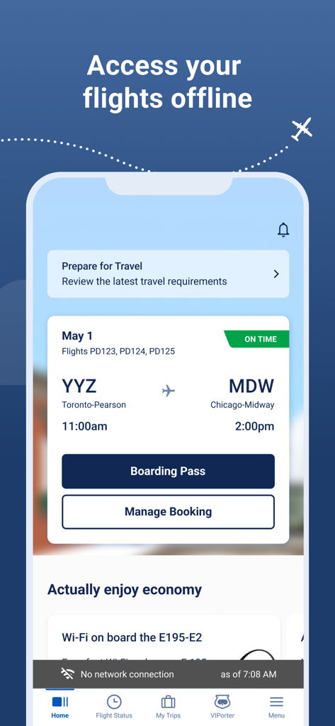 Porter Airlines - Porter Airlines Mobile App-Oberfläche mit Fluginformationen und Bordkarte mit Offline-Zugriff