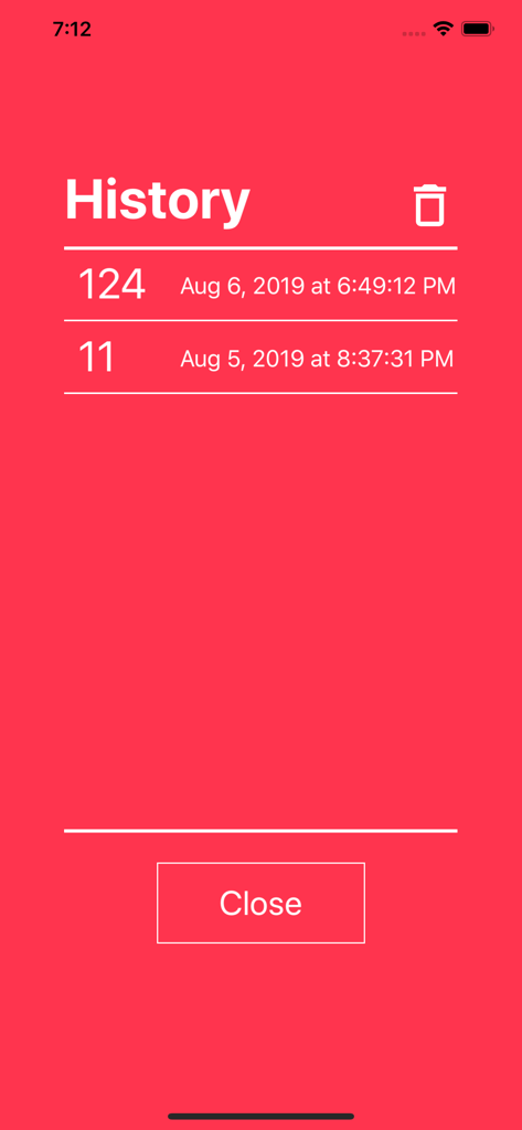Tally Counter DIGITAL - Pantalla de historial de la aplicación Tally Counter DIGITAL que muestra una lista de conteos guardados y marcas de tiempo sobre un fondo rojo.