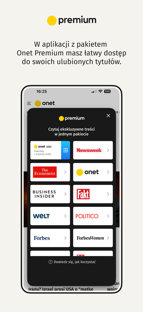 Onet - wiadomości - Mobile screen showing Onet Premium access to Newsweek, Forbes, and Business Insider.