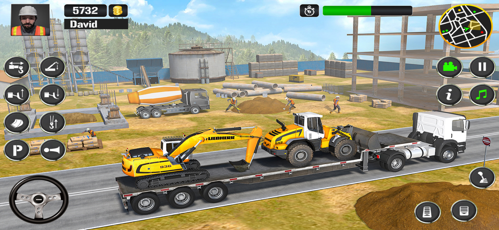 Excavator Construction Game 3d - Un camión de transporte pesado llevando una excavadora Liebherr y un cargador en un sitio de construcción simulado