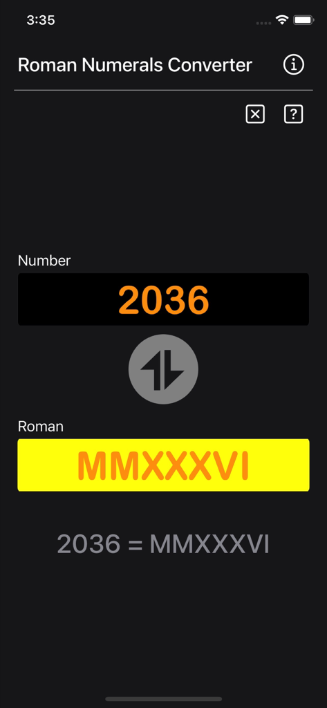 Roman Numerals Converter app interface showing the conversion of number 2036 to Roman numeral MMXXXVI