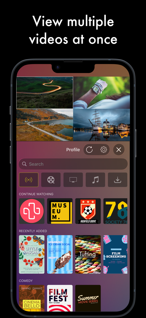 iSTB app interface displaying the multi view feature with four videos playing simultaneously on an iPhone
