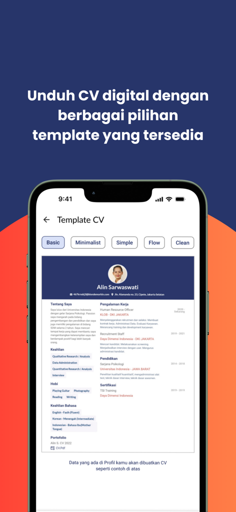 Klob App-Bildschirm, der professionelle CV-Vorlagenkategorien und eine Lebenslaufvorschau für den digitalen Download zeigt.