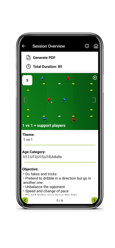 Coachifoot Soccer Drills - Tela do aplicativo móvel Coachifoot mostrando uma visão geral de um exercício de futebol 1 contra 1 com um diagrama tático e objetivos de treinamento