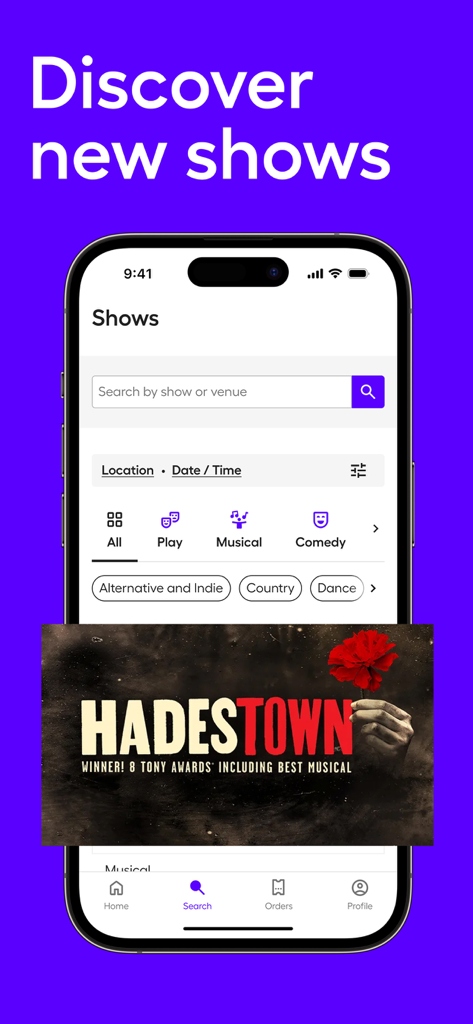 iPhone-Bildschirm, der die ATG Tickets App Suchseite mit Kategorien für Theaterstücke und Musicals anzeigt, mit einem Banner für Hadestown