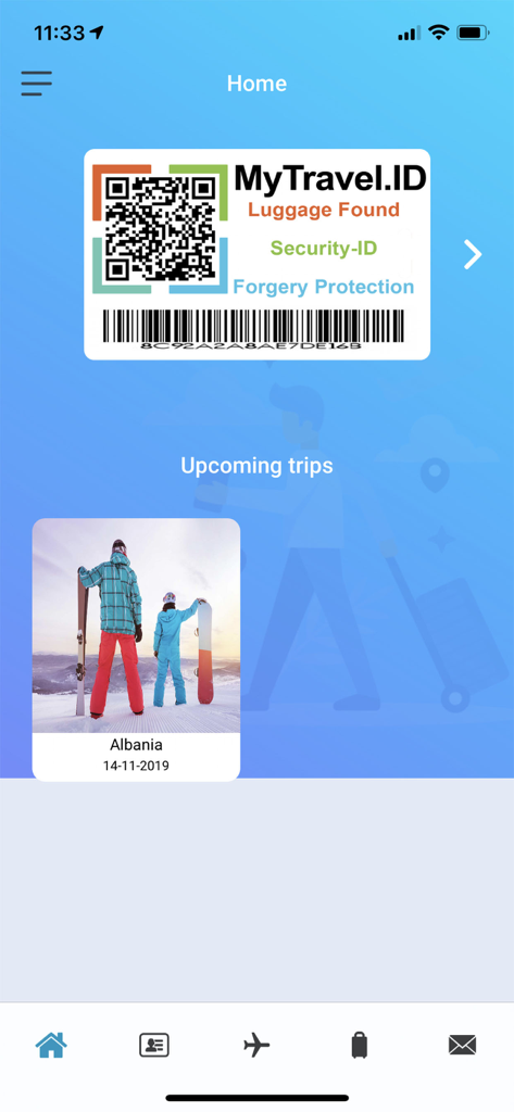 MyTravel.ID - MyTravel.ID app home screen showing a digital luggage ID card with a QR code and upcoming trip details