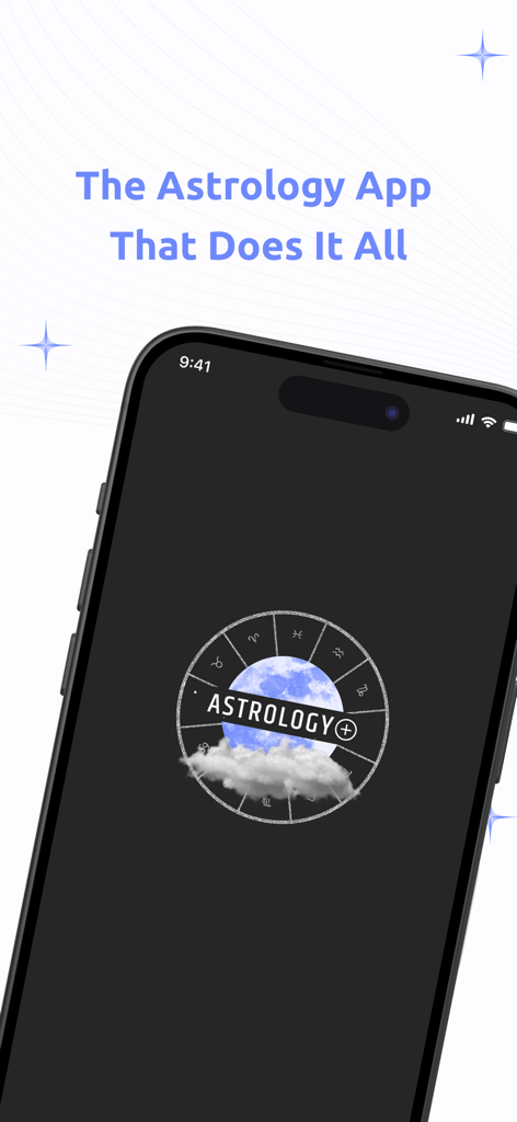 Astrology Plus - Smartphone exibindo a tela de splash do aplicativo Astrology Plus com seu logotipo de roda zodiacal e o slogan O Aplicativo de Astrologia Que Faz Tudo.