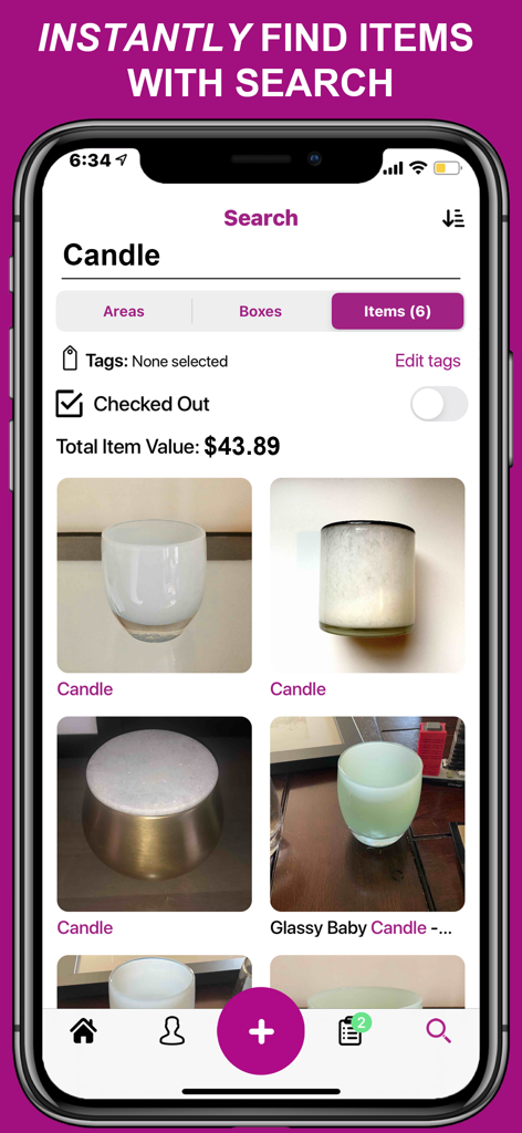 A mobile screen showing the Everspruce Home Inventory search results for candles including photos and total value.