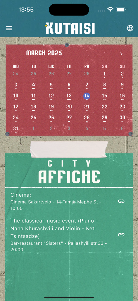 쿠타이시 여행 앱 이벤트 화면, 2025년 3월 달력과 지역 영화 및 음악 행사 포스터가 표시됩니다.