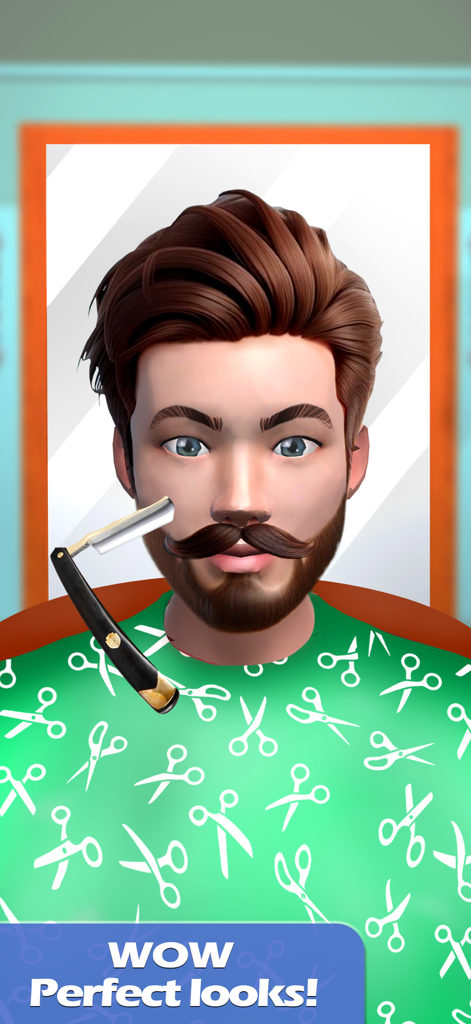 Haircut Barber Salon Game - A male character getting a beard shave with a straight razor in a barber salon simulator.