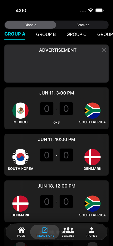 Mobile app screen showing the Classic mode prediction interface for World Cup 2026 Group A matches including Mexico and South Africa