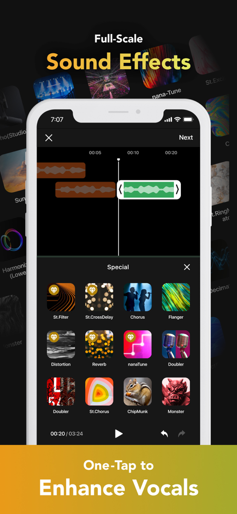 nana - co-creation platform - - Écran de smartphone montrant l'interface de l'application musicale nana avec une variété d'effets sonores professionnels pour améliorer les enregistrements vocaux.