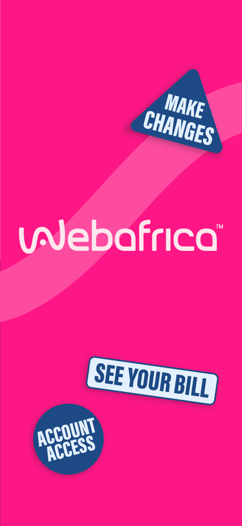 Webafrica app - Webafrica app interface showing options for account access, viewing bills, and making service changes on a pink background.