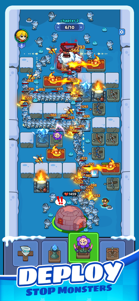 Frost Saga: Tower Defense - Gameplay screen of Frost Saga Tower Defense showing towers attacking waves of monsters