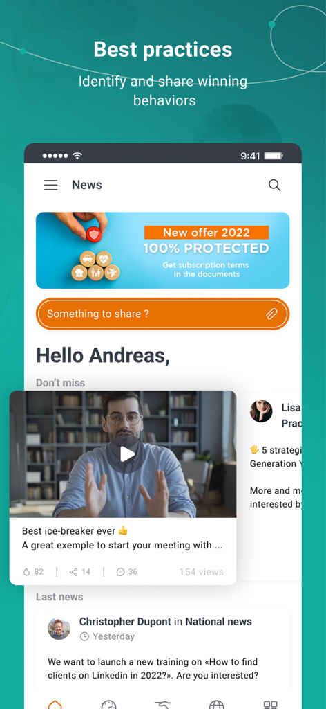 Incenteev - L'interface mobile de l'application Incenteev affiche un fil d'actualités commerciales avec des conseils de coaching vidéo et des bonnes pratiques.